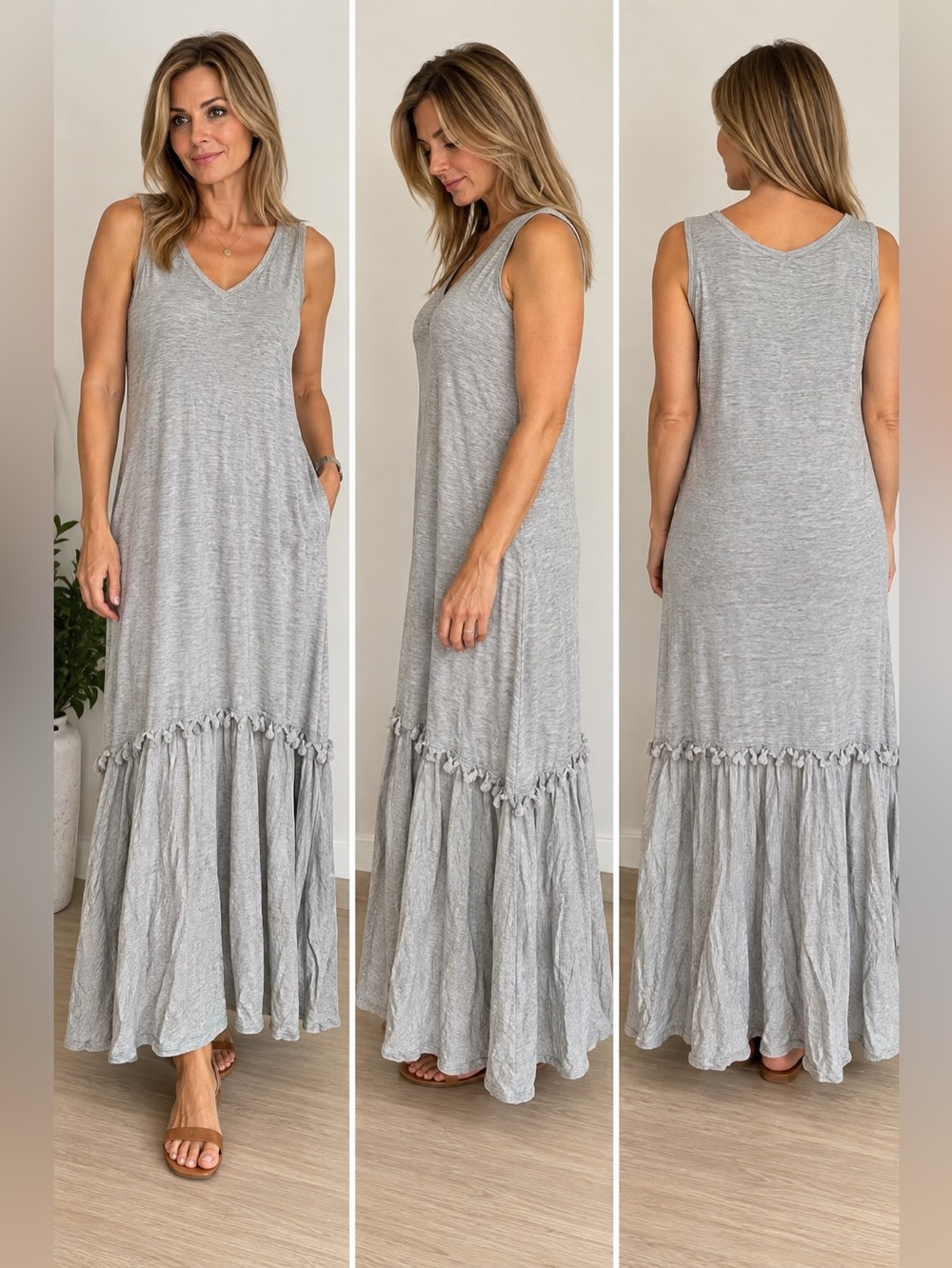 Spense Gray V-Neck Sleeveless Maxi Dress Tiered Ruffle
